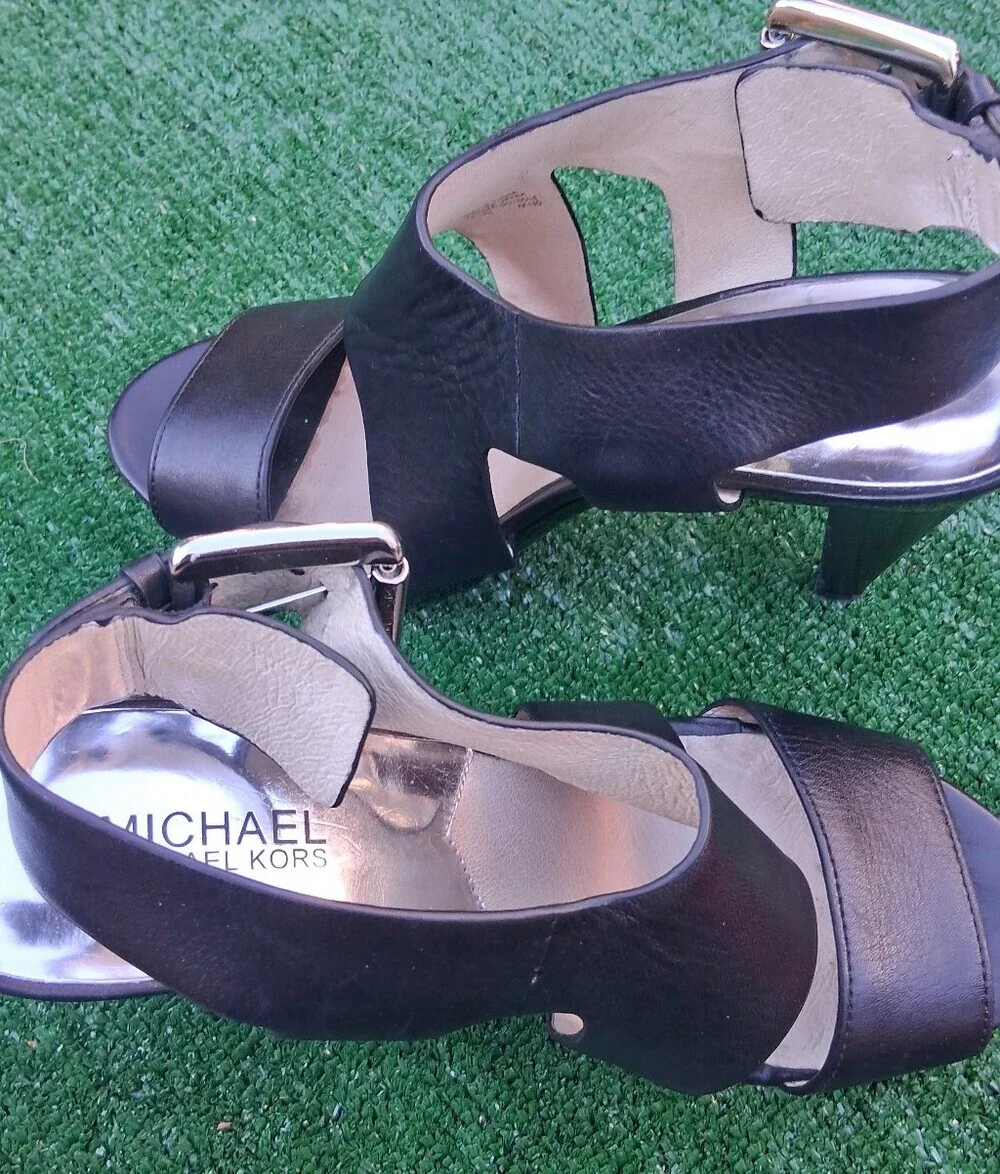 MICHAEL Michael Kors Carla Black Leather Strappy Platform Sandals    Size 8.5